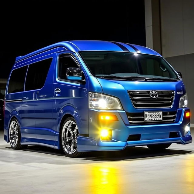 a pimped Toyota Quantum van with a metallic blue finish, prominently displaying the registration plate 'KBN 888 NW'