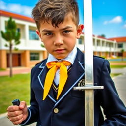 A school student wearing a uniform with '9A tobrut' written on it, carrying a sword