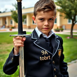 A school student wearing a uniform with '9A tobrut' written on it, carrying a sword