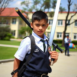 A school student wearing a uniform with '9A tobrut' written on it, carrying a sword