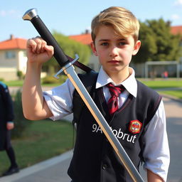 A school student wearing a uniform with '9A tobrut' written on it, carrying a sword