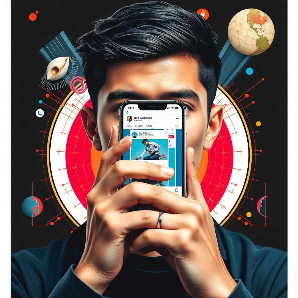 Create a stylized and surreal poster featuring a young man with a serious gaze covering his mouth and nose