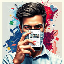 Create a stylized and surreal poster featuring a young man with a serious gaze covering his mouth and nose