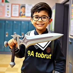 A school student wearing a school uniform with the text '9A tobrut' on it