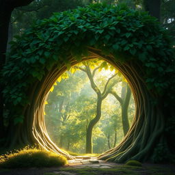 A mystical portal in the shape of a tree, with vibrant green leaves forming the archway of the portal