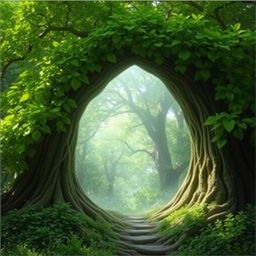 A mystical portal in the shape of a tree, with vibrant green leaves forming the archway of the portal