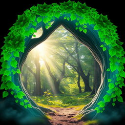 A mystical portal in the shape of a tree, with vibrant green leaves forming the archway of the portal