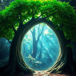 A mystical portal in the shape of a tree, with vibrant green leaves forming the archway of the portal