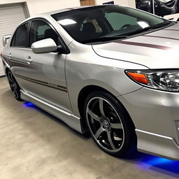 a pimped 2011 Toyota Corolla with a metallic silver finish, featuring sleek racing stripes and chrome accents