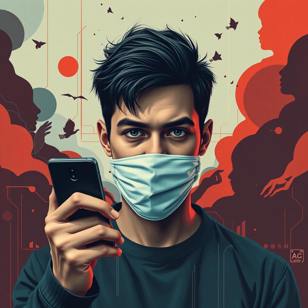 Design a stylized and surreal poster featuring a young man with a serious gaze, covering his mouth and nose