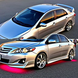 a pimped 2011 Toyota Corolla with a metallic silver finish, featuring sleek racing stripes and chrome accents