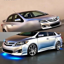 a pimped 2011 Toyota Corolla with a metallic silver finish, featuring sleek racing stripes and chrome accents