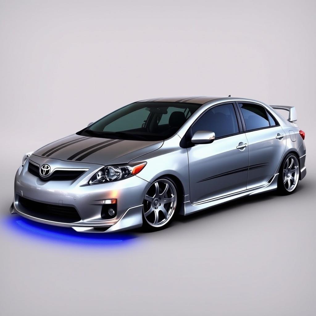 a pimped 2011 Toyota Corolla with a metallic silver finish, featuring sleek racing stripes and chrome accents