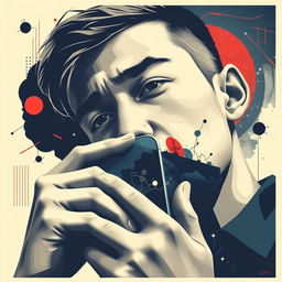 Design a stylized and surreal poster featuring a young man with a serious gaze, covering his mouth and nose