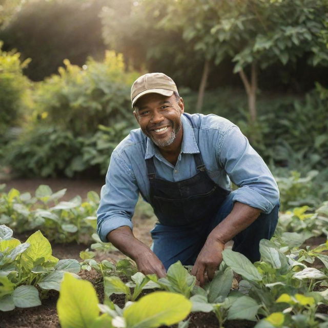 A resilient black farmer engaged in diligent work in his lush, productive garden under the warm sunlight.