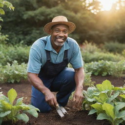 A resilient black farmer engaged in diligent work in his lush, productive garden under the warm sunlight.