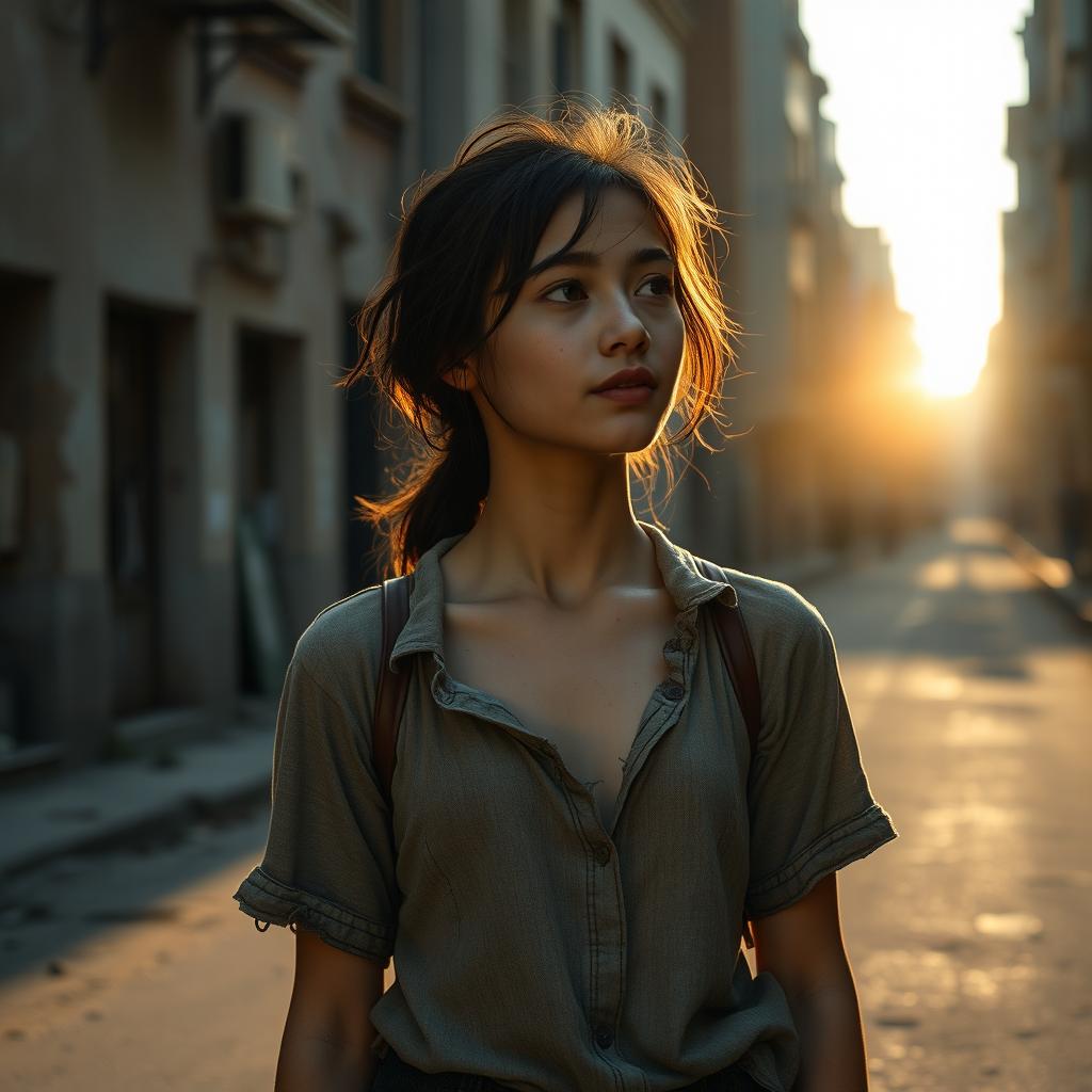 A scene depicting a young woman with CIPA (Congenital Insensitivity to Pain with Anhidrosis) standing on a deserted street