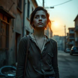 A scene depicting a young woman with CIPA (Congenital Insensitivity to Pain with Anhidrosis) standing on a deserted street