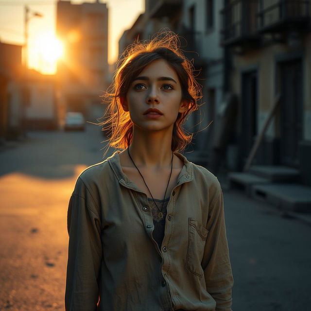 A scene depicting a young woman with CIPA (Congenital Insensitivity to Pain with Anhidrosis) standing on a deserted street