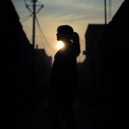 A striking silhouette of a young woman with CIPA, standing against a dimly lit alley