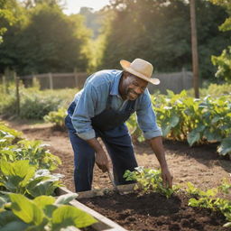 A resilient black farmer engaged in diligent work in his lush, productive garden under the warm sunlight.