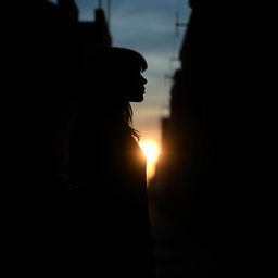 A striking silhouette of a young woman with CIPA, standing against a dimly lit alley