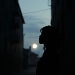 A striking silhouette of a young woman with CIPA, standing against a dimly lit alley