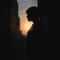 A striking silhouette of a young woman with CIPA, standing against a dimly lit alley