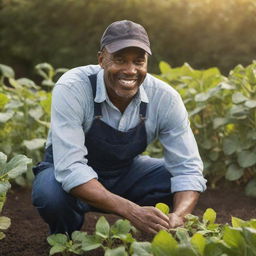 A resilient black farmer engaged in diligent work in his lush, productive garden under the warm sunlight.