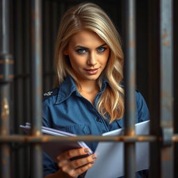 A close-up view through prison bars featuring an attractive female officer