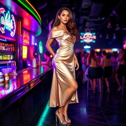 A 5'9" woman weighing 175 pounds with a 38DD bust, and flowing brown hair is standing confidently at a vibrant nightclub bar