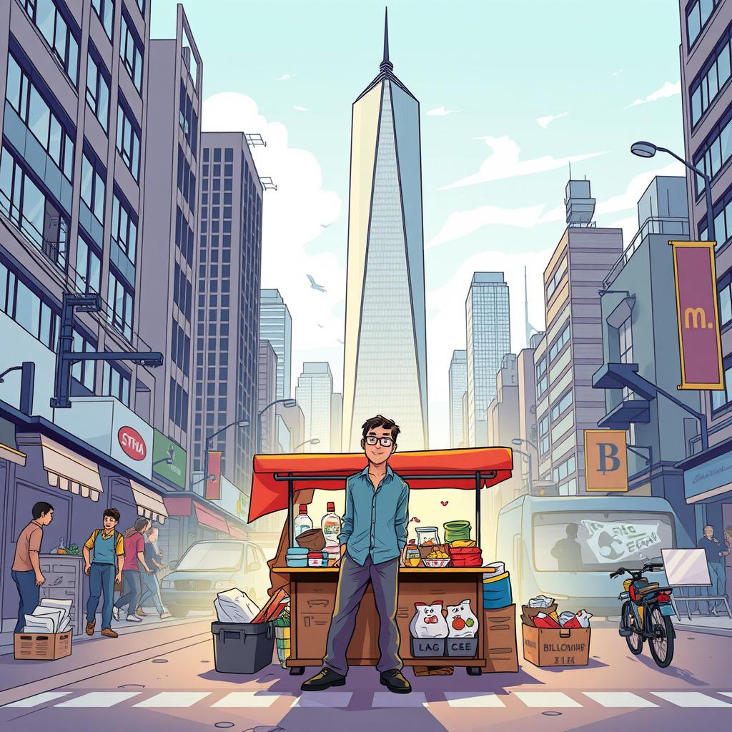 Illustrate a compelling visual narrative showcasing the journey of a street vendor's rise to billionaire success