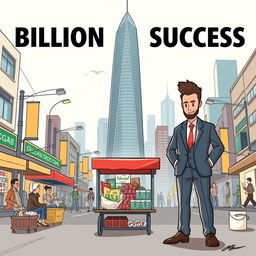 Illustrate a compelling visual narrative showcasing the journey of a street vendor's rise to billionaire success