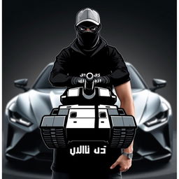 A logo titled "درع الجزيرة" showcasing a masked figure standing confidently atop a tank