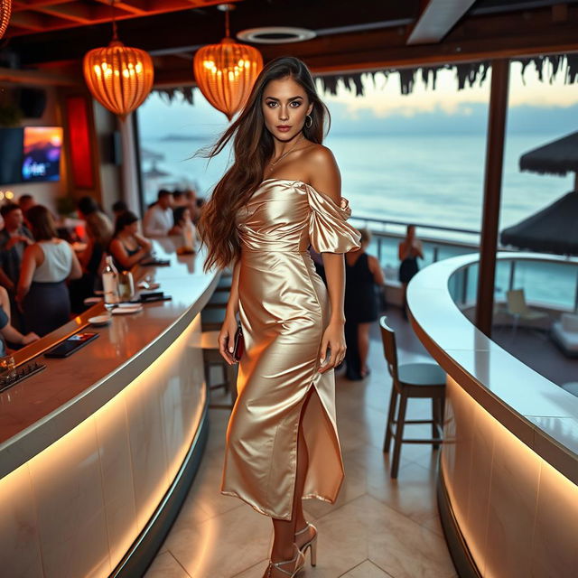 A 5'9" woman weighing 175 pounds with a 38DD bust, and flowing brown hair, stands elegantly at a bar that opens onto a dance floor with stunning views of the coast