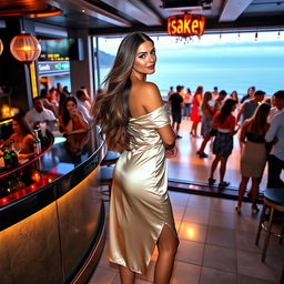 A 5'9" woman weighing 175 pounds with a 38DD bust, and flowing brown hair, stands elegantly at a bar that opens onto a dance floor with stunning views of the coast