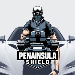 A logo titled "Peninsula Shield" featuring a masked person standing authoritatively on top of a tank