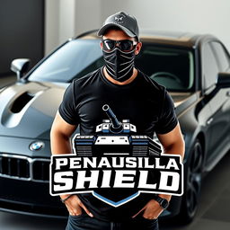 A logo titled "Peninsula Shield" featuring a masked person standing authoritatively on top of a tank