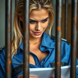 A close-up view through prison bars highlighting an attractive female officer