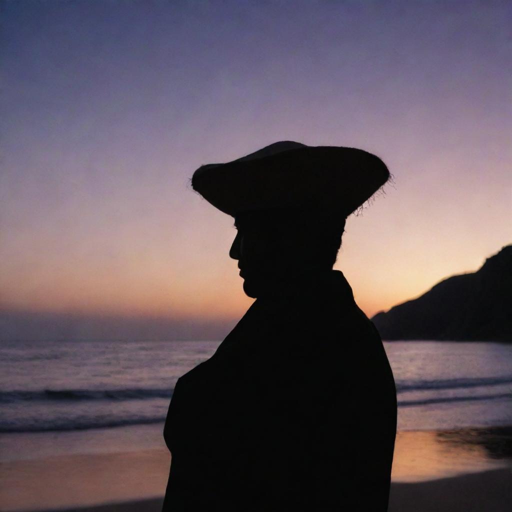 Silhouette of a person with a large nose, standing on a beach, wearing a traditional Peruvian hat under a twilight sky.