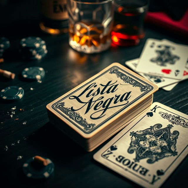 A deck of playing cards lying on a dark wooden table, with the top card displaying the words 'Lista Negra' in elegant calligraphy