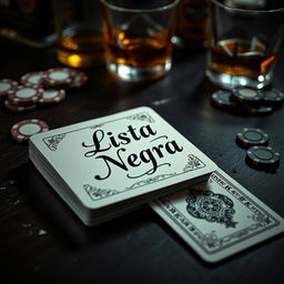 A deck of playing cards lying on a dark wooden table, with the top card displaying the words 'Lista Negra' in elegant calligraphy