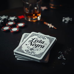 A deck of playing cards lying on a dark wooden table, with the top card displaying the words 'Lista Negra' in elegant calligraphy