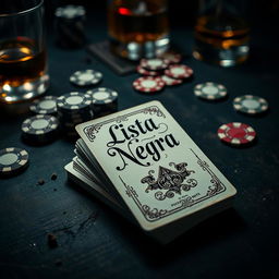 A deck of playing cards lying on a dark wooden table, with the top card displaying the words 'Lista Negra' in elegant calligraphy