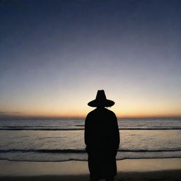 Silhouette of a person with a large nose, standing on a beach, wearing a traditional Peruvian hat under a twilight sky.