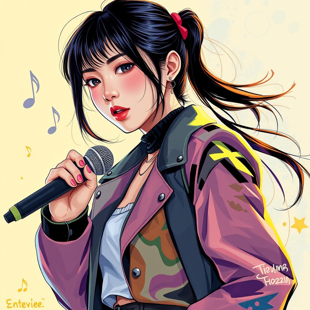 A captivating portrait of a female musician, inspired by the style and essence of Lee Ji Hoon from Seventeen, with a focus on her vibrant energy and artistic flair