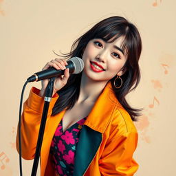 A captivating portrait of a female musician, inspired by the style and essence of Lee Ji Hoon from Seventeen, with a focus on her vibrant energy and artistic flair