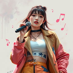 A captivating portrait of a female musician, inspired by the style and essence of Lee Ji Hoon from Seventeen, with a focus on her vibrant energy and artistic flair