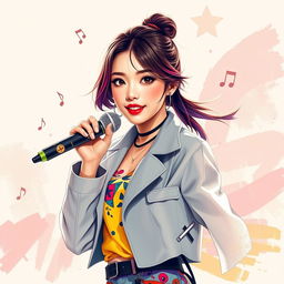 A captivating portrait of a female musician, inspired by the style and essence of Lee Ji Hoon from Seventeen, with a focus on her vibrant energy and artistic flair