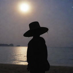 Silhouette of a person with a large nose, standing on a beach, wearing a traditional Peruvian hat under a twilight sky.